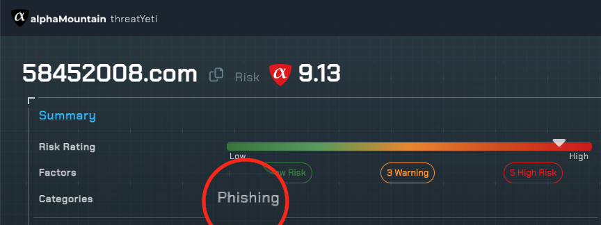 Screenshot of aphaMountain threatYeti showing domain category "Phishing"